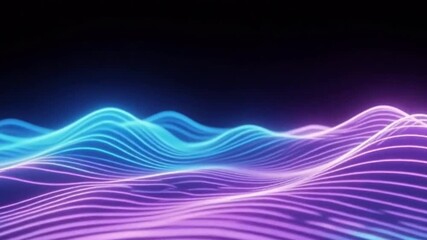 Vibrant blue and purple neon sound waves form a dynamic futuristic scene, viewed from a low angle, perfect for live desktop wallpaper. - Powered by Adobe