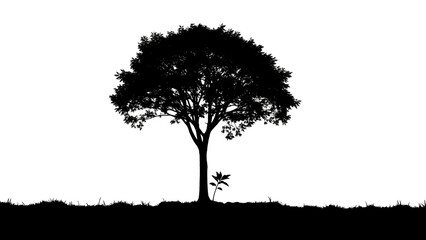 Lonely Tree Silhouette in Serene Landscape with Dramatic Black and White Contrast on Isolated White Background for Environmental Conservation