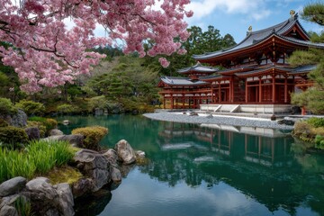 byakusan temple in kyoto, japan with cherry blossoms and pond, beautiful architecture, springtime.