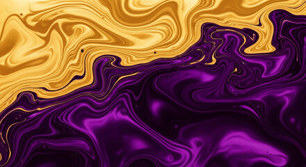 Fototapeta premium Abstract image with swirling purple and gold liquid paint, creating a luxurious and dynamic visual effect suitable for backgrounds or design elements