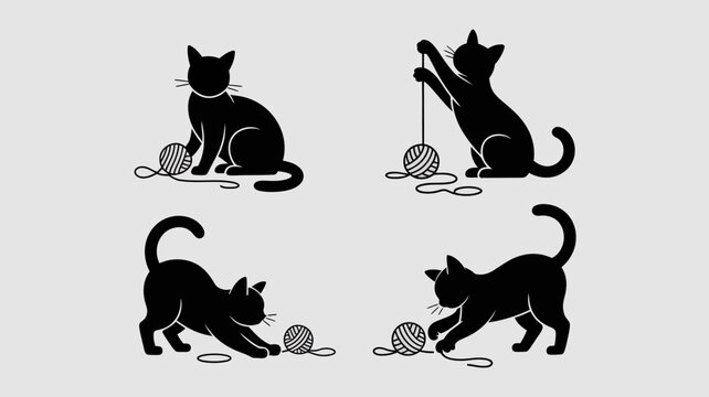 a silhouette illustration displays four black cats playfully interacting with balls of yarn showcasing feline curiosity and joyful movement high quality professional detailed modern elegant stylish