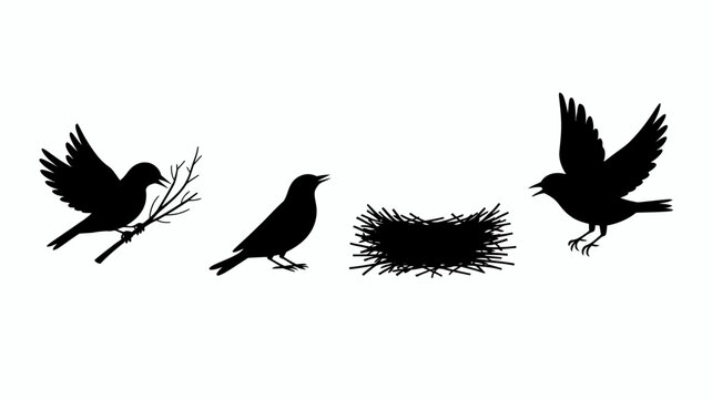 a minimalist depiction shows several silhouettes of birds in flight and at rest alongside a detailed nest presented in black and white high quality professional modern