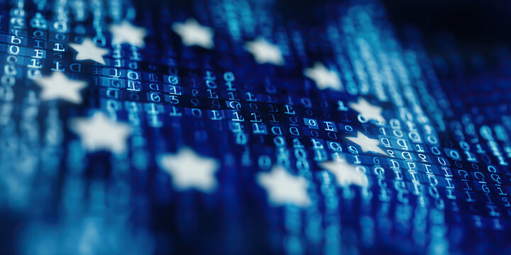 European stars overlay flowing binary code suggesting digital regulation and protection. - Powered by Adobe