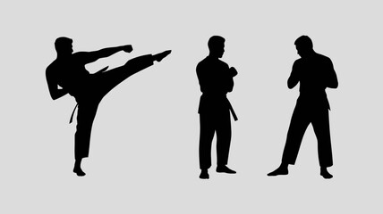 a striking visual depiction of three silhouettes engaged in martial arts practice showcasing dynamic poses and focused stances against a neutral background high quality professional detailed
