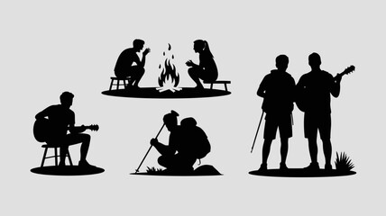 a serene illustration depicts silhouetted figures enjoying outdoor activities such as a campfire playing guitar and tending to a fire creating a peaceful scene high quality