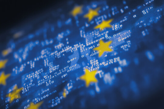 Digital European stars merge with cascading code across deep blue backgroun - Powered by Adobe