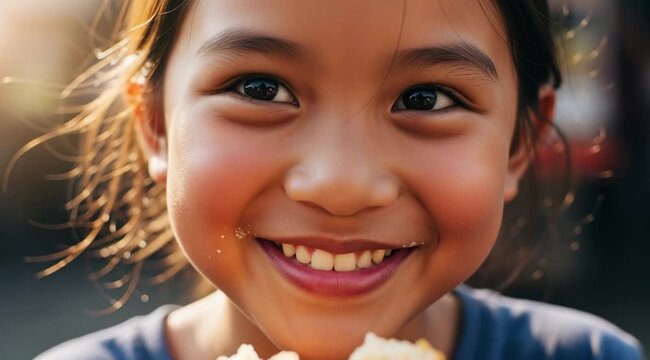 Young Girl Enjoying a Pastry Outdoors.