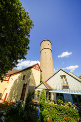 Historic round tower of the town of Ochsenfurt. Old architecture.
