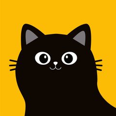 Cute cartoon peeking cat head face. Looking from the corner. Kawaii baby character. Black kitten animal. Pet collection. Flat design. Childish style. Sticker print. Isolated. Yellow background. Vector