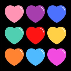 Colorful heart icon set. Happy Valentines day. Different color. Love sign symbol simple template. Greeting card. Decoration element. Square composition. Flat design. Black background. Vector