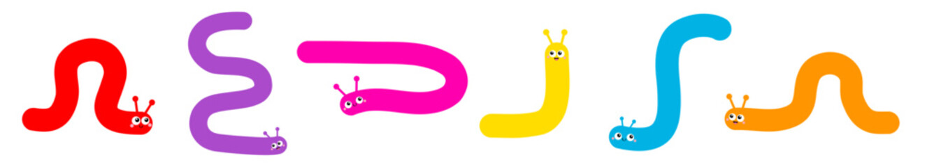 Caterpillar set line. Insect icon. Cute crawling bug. Cartoon funny kawaii baby animal character. Smiling face. Colorful bright blue green red orange pink color. Flat design. White background Vector