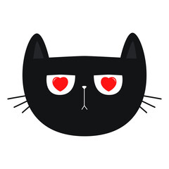 Black cat kitten kitty with red heart eyes. Funny head face. Happy Valentines Day. Cute cartoon kawaii animal character. Flat design. Love card. Childish style. White background. Isolated. Vector