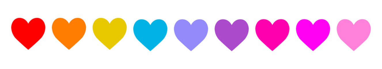 Colorful heart icon set line. Happy Valentines day. Different color. Love sign symbol simple template. Greeting card. Decoration element. Square composition. Simple flat design White background Vector