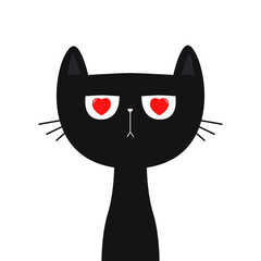Be my Valentine. Black cat kitten kitty with red heart eyes. Funny head face. Happy Valentines Day. Cute cartoon kawaii animal character. Love card. Flat design. White background. Isolated. Vector