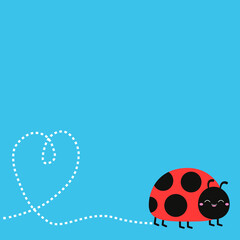 Cute Lady bug, lady bird icon. Dash line heart. Cartoon kawaii funny character. Red insect. Happy Valentines Day. Greeting Card. Childish style. Flat design. Blue background. Vector illustration