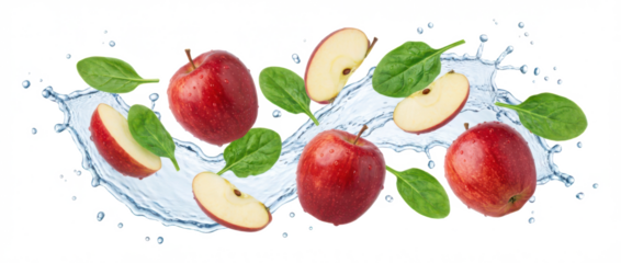 Ripe red apples and fresh spinach leaves captured in dynamic water splashes showcasing a healthy and vibrant composition fruit food ingredient nature organic natural wellness transparent background