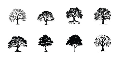 Diverse Tree Silhouettes Set Nature & Forest Vector Collection. Black and White Iconic Woodland Designs, Ideal for Ecology and Growth Logos