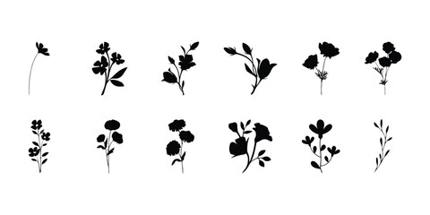 Elegant Hand-Drawn Floral Silhouettes Vector Set Delicate Botanical Flower and Leaf Elements Collection