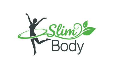 Elegant Slim Body Logo Design. Dynamic Female Silhouette with Hula Hoop and Green Leaves for Fitness, Wellness and Weight Loss Brands.