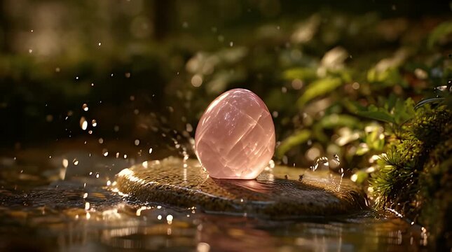 A smooth, rose quartz crystal egg rests on a mossy stone with water droplets splashing around it in a lush forest