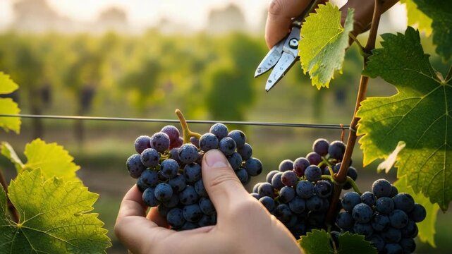 Harvesting grapes close up sunlight hand vineyard