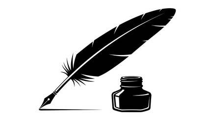 Quill Pen and Inkwell in Classic Black Silhouette on White Background for Stationery Design