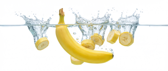 Bright yellow banana and slices splash into clear water creating dynamic ripples and splashes signifying freshness and vitality fruit food healthy tropical clean liquid drop transparent background