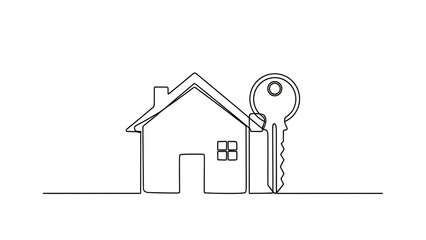 House with Key in Simple Line Art Style on White Background with Minimalist Design for Real Estate