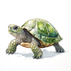 Fototapeta premium Watercolor large green turtle on white background, hand-painted cute and whimsical illustration for kids, nursery decor, educational and digital projects.