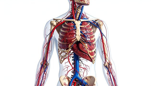 Detailed anatomical illustration of the human torso, highlighting veins, arteries, bones, & organs