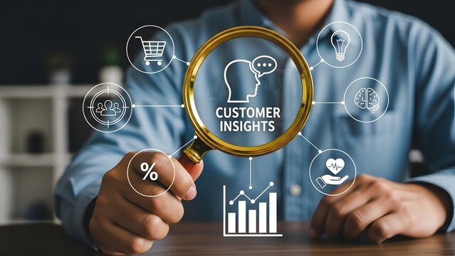 A person holding a magnifying glass with "CUSTOMER INSIGHTS" text, surrounded by business and data analysis icons.