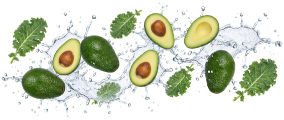 Ripe green avocados and fresh kale leaves are splashing through clear water droplets and waves creating a refreshing and vibrant display water splash healthy food organic transparent background