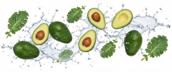 Ripe green avocados and fresh kale leaves are splashing through clear water droplets and waves creating a refreshing and vibrant display water splash healthy food organic transparent background