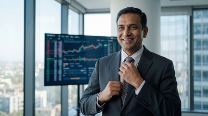 Indian businessman in grey suit adjusting tie and smiling in modern office with financial charts. Corporate success and stock market trading leadership
