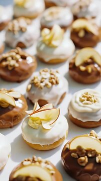 Variety of gourmet donuts with white and chocolate glazes, toppings