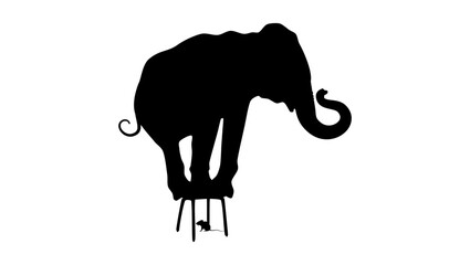 An elephant scared by a mouse, black isolated silhouette