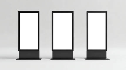Three sleek black LCD display screens on stands for advertising