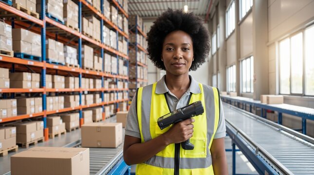 African american woman warehouse worker holding barcode scanner near conveyor belt. Logistics and supply chain management industry - Powered by Adobe