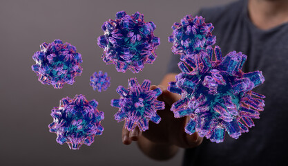 Concept of virus transmission, disease, and health featuring 3d rendered virus cells interacting...