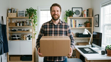 Caucasian man with beard holding cardboard box and smiling in home office workshop. Small business owner shipping handmade products