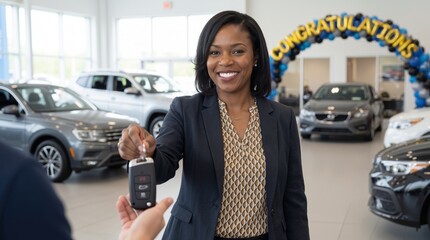 African american woman sales manager handing car key to customer in dealership showroom. Buying new vehicle and successful deal celebration
