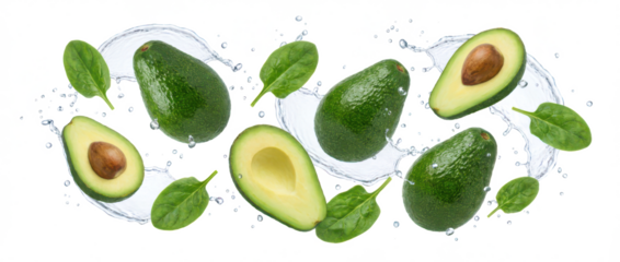 Whole and halved avocados with fresh spinach leaves and water splashes creating a dynamic healthy food composition whole avocado fruit green ingredient natural organic nutrition transparent background