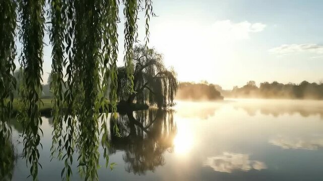 Tranquil morning landscape. Green willow leaves touching calm river surface in thick fog. Nature atmosphere clearing up to sunny day.