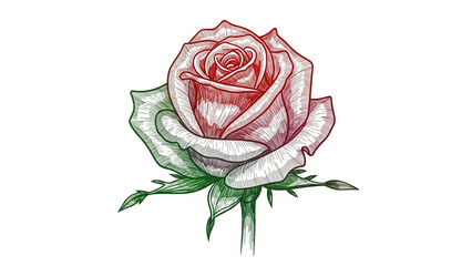 Red rose illustration in hand drawn style with soft watercolor effect on white background for greeting cards