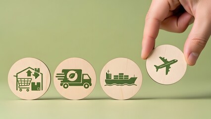 Hand placing a wooden circle with an airplane icon among other transport and logistics symbols on a green background, representing global supply chain and eco-friendly delivery.