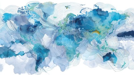 Watercolor-style global market map with soft data overlays, artistic modern, cool blues, watercolor illustration, economic connectivity