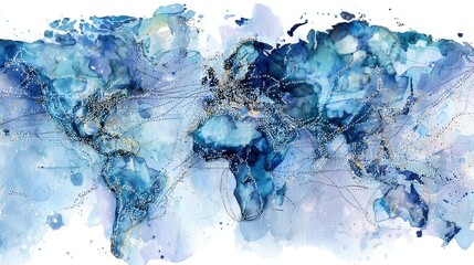Watercolor-style global market map with soft data overlays, artistic modern, cool blues, watercolor illustration, economic connectivity