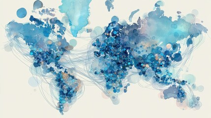 Watercolor-style global market map with soft data overlays, artistic modern, cool blues, watercolor illustration, economic connectivity