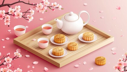 Traditional Chinese tea and mooncakes on wooden tray with cherry blossoms