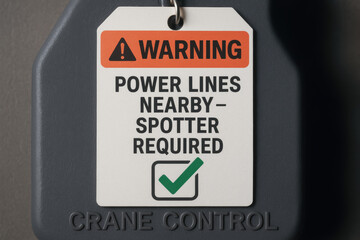 Warning power lines nearby spotter required sign emphasizes crane safety to prevent accidents and ensure safe operation in hazardous areas